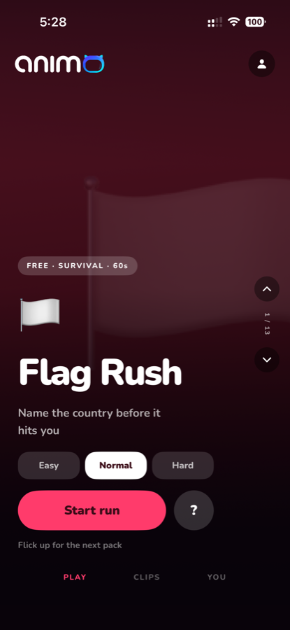 Animo home screen showing the Flag Rush pack